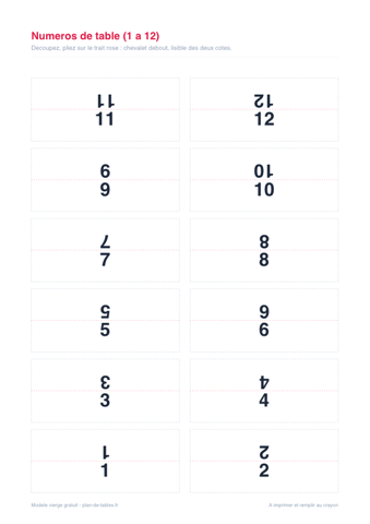 Aperçu du modèle vierge : Numéros de table (1 à 12)